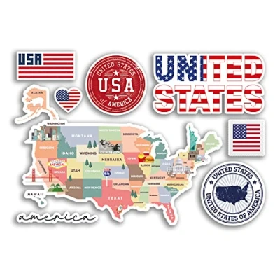 Image of A5 Sticker Sheet United States Vinyl Stickers USA America Landmarks Map Flag Country Holiday Travel #78475