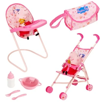 Image of Peppa Pig Nursery Bundle 7 Piece Playset Dolly Highchair, Single Stroller, Reusable Cutlery Set &amp; Changing Bag/Mat Prams, Pushchairs and Dolls Accessories 3+