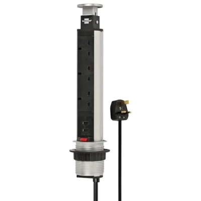 Image of Brennenstuhl Tower Power, table power strip 3 way (retractable strip, 2x USB, 2m cable, completely retractable into top) silver/black