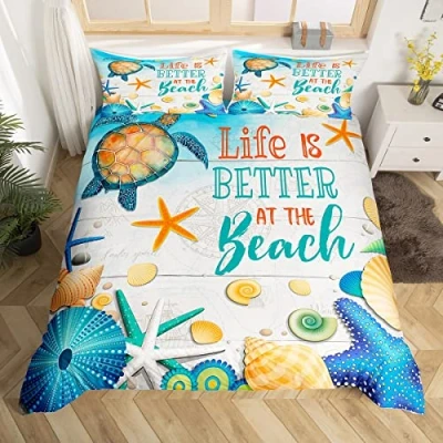 Image of Seaside Duvet Cover Set Super King Size, Sea Turtle Starfish Shell Conch Comforter with 2 Pillowcases, Ocean Beach Theme Bedding 3pcs for Kids Boy Girls Room Decor Marine Bedspread