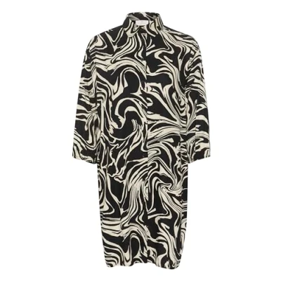 Image of Kaffe Women&#039;s Shirt Dress 3/4 Sleeves Printed Knee Length Relaxed Fit Button, Black/White Graphic Paint, 12