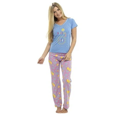 Image of Ladies Tom Franks Winter Fun Print Short Sleeve Pyjama Set Pajama Sleepwear Blue / Lemons S M