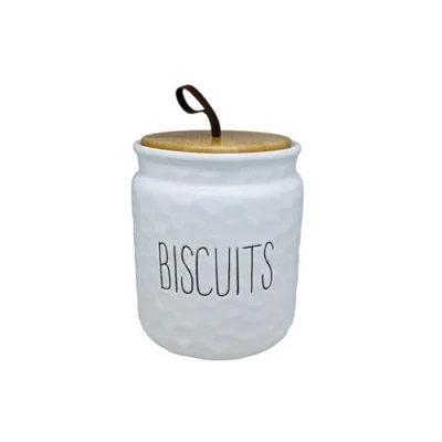 Image of Acense Cookie Jar with Wooden Lid, White Ceramic