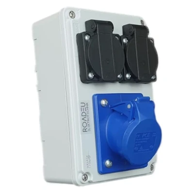 Image of RoadEu UK Wall Combination Socket with CEE Outlet 16A 3P 250V, 2X Receptaples 13A 250V Distribution Box IP44 Power Distributor Designed for Market and Includes 13Amp Plugs