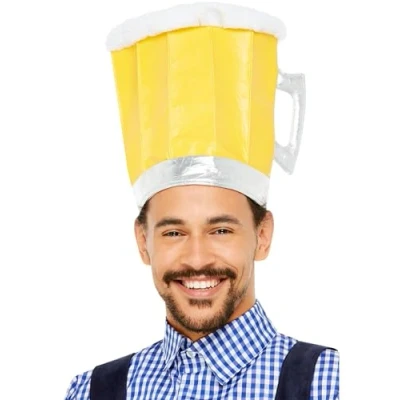 Image of Smiffys Beer Festival Hat, Yellow with Handle, Oktoberfest Fancy Dress, Dress Up Hats