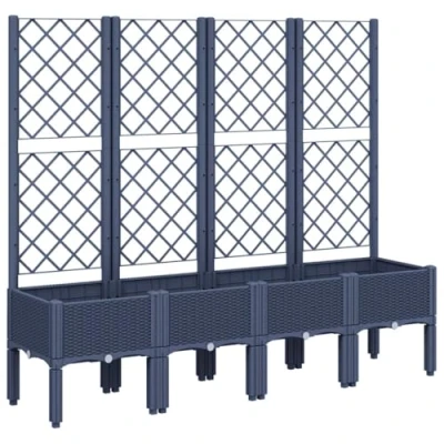 Image of vidaXL Grey Rattan Look Polypropylene Garden Planter with Trellis 160x40x142 cm Support for Climbing Plants, Elevated Outdoor Box
