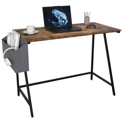 Image of Vida Designs Brooklyn 112cm Small Computer Desk With Storage Home office Writing Table Modern Industrial Style Workstation (Dark Wood)