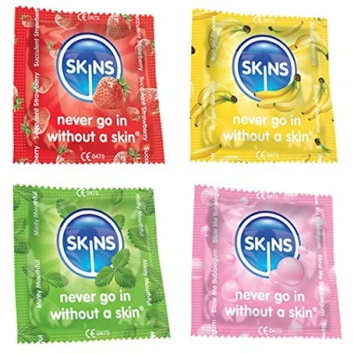 Image of Premium Skins Mixed Flavoured Condoms for Oral and Intercourse Ultra Thin Oral, Condom with Extra Lube Pleasure Discreet Pack of 24