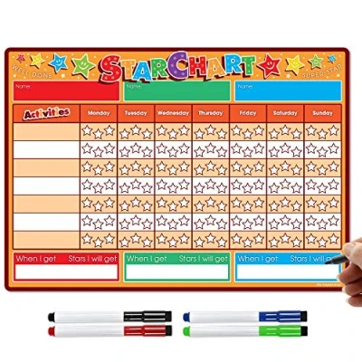 Image of TMS Reward Chart for Children Magnetic Star Recognising and Inspiring Good Behaviour in Toddlers Kids, Boys Girls With 4 Free Coloured Dry Wipe Pens! (Orange)
