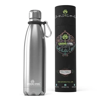 Image of Greens Steel Stainless Water Bottle 500ml, Silver Double Wall Vacuum Insulated Flask Carier Holder &amp; Gift Box Included Reusable, Leak Proof Sports for Adults Kids