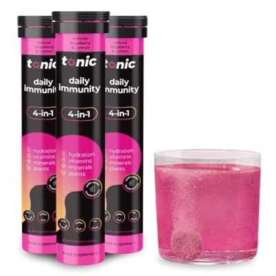 Image of Tonic Health Daily Immunity Tablets 4 in 1 Effervescent Multivitamins, Minerals &amp; Phytonutrients Vitamin D, C and Zinc Vegan, No Sugar Max Strength Tablets, Raspberry Lemon, 60 Count