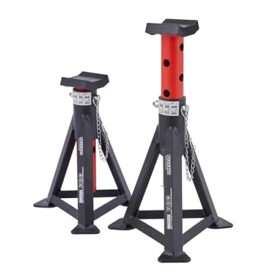 Image of Arebos jack stands set of 2 each 3 tonne capacity height adjustable 299 442 mm stand with safety pin &amp; rubber pads support leg, steel