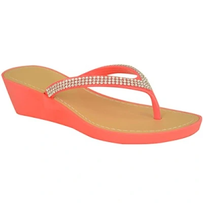 Image of Fashion Thirsty Womens Wedge Jelly Sandals Ladies Beach Holiday Thong Low Heel Diamante Flip Flops Toe Post Sliders Summer Pool Shoes Coral Pink