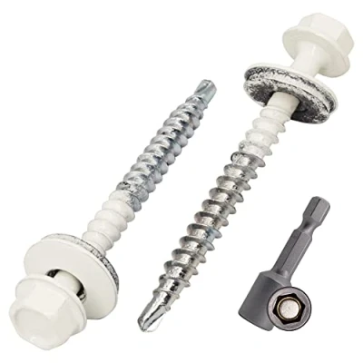 Image of SKIR&#039;CO (20 pcs) Painted Roofing Screws, 4.8 x 50 mm Self Drilling Screws with EPDM Washers, Hex Head (Pure White, RAL 9010)