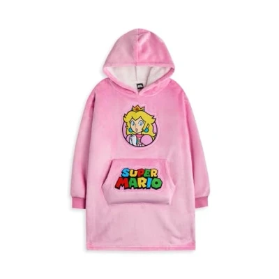 Image of Super Mario Nintendo Girls Wearable Blanket Hoodie Kids Pink Hooded Pullover with Princess Peach Character Graphics Childrens Sherpa Lined Video Game Loungewear Pockets