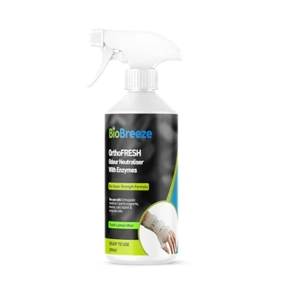 Image of BioBreeze OrthoFresh Odour Neutraliser &amp; Deodoriser Spray for Orthopedic Supports, Braces, Casts, Splints, and Amputee Aids Sweat Freshener with Bio Enzymes, Lemon Kick Scent, 500ml