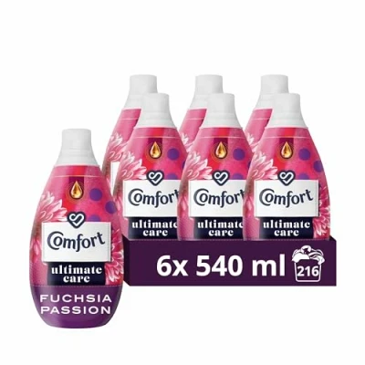 Image of Comfort Ultimate Care Fuchsia Passion Ultra Concentrated Fabric Conditioner bottle made of 100% recycled plastic* for complete clothes protection 6x 540 ml (216 washes)