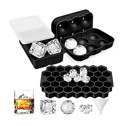 Image of Nicoman Easy Release Silicone Ice Cube Mould with Spill Resistant Lids, Combo Giant Ball &amp; Hexagon Cube, Suitable for Whiskey Wine or Any Drink, (Set of 3) Black