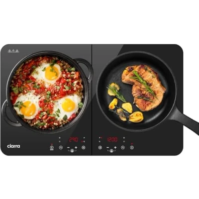 Image of CIARRA CUTIH2 Portable Induction Hob 2800W Double Cooking Zones with Touch Control Ceramic Glass Panel 9 Power Levels Timer Child and Safety Lock Black