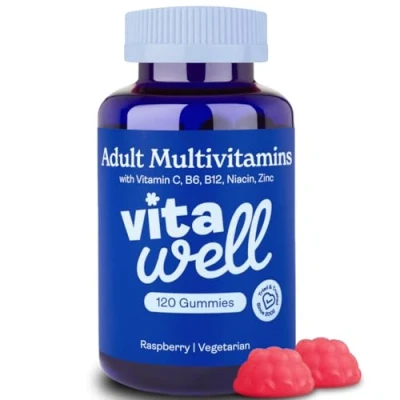 Image of Vitawell Adult Multivitamin Gummies 120 Raspberry Flavour Complex Vitamin D Formula Chewable Multivitamins for Men &amp; Women 10 Essential Vitamins 2 Month Supply