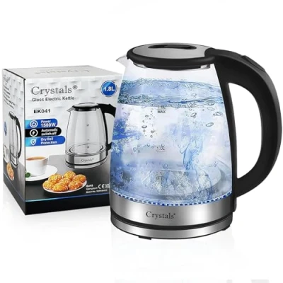 Image of Crystals Electric Kettle, 1.8L Glass Kettle with Blue LED, 1500W, Fast Boil, Easy to Clean, Auto Shut Off and Boil Dry Protection, Large