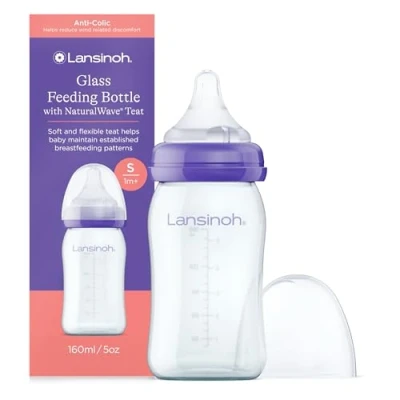 Image of Lansinoh Glass Baby Bottle with NaturalWave Teat (160 ml), Anti colic, Premium heat &amp; thermal shock resistant glass, Slow Flow soft flexible silicone teat, teats are BPA BPS free, purple