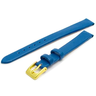 Image of Fine Calf Leather Watch Strap Band 14mm Extra Long XL Mid Blue with Gilt (Gold Colour) Buckle. Free Spring Bars (Watch Pins)