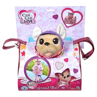 Image of Simba 105890036, Chichi Chi Love Grand Tour, Chihuahua Plush Dog with Crash Helmet in Cool Transport Bag for Bicycle or Scooter Handlebar, 20 cm, from 3 Years, purple