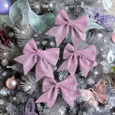 Image of Set of 4 Pink Glitter Bows Christmas Tree Decoration