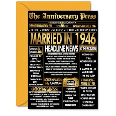 Image of Gold 79th Anniversary Card for Men Women Golden Newspaper Married in 1946 Happy 79 Year Wedding Partner Wife Companion Husband, A5 Anniversaries Greeting Cards