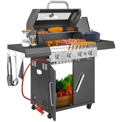 Image of Outsunny 4+1 Burner Gas BBQ Grill with Clear View Lid, Portable Barbecue Built in Thermometer, Side Table, Cabinet, Wheels, Grease Tray for Garden Party Outdoor Cooking, Black