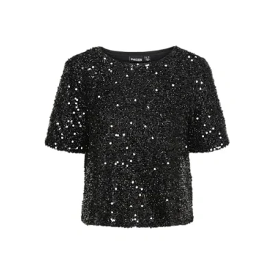 Image of PIECES Women&#039;s Pcserena Sequin SS O Neck Top Mm T Shirt, Black/Detail:Black Sequince, S