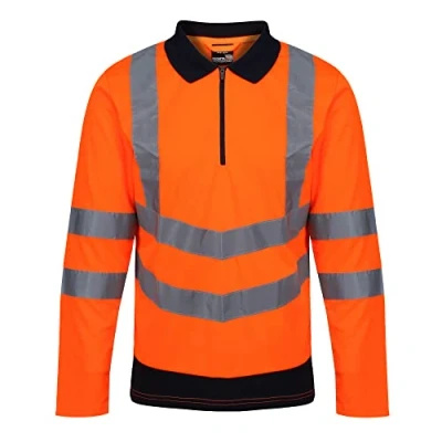 Image of Regatta Professional Mens Hi Vis Long Sleeve Polo Shirt with Reflective Strips Perfect for Outdoors Workwear Orange/Navy