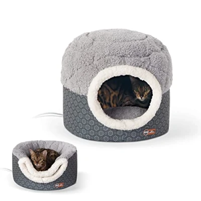 Image of K&amp;H Pet Products Thermo Nest Heated Cat Bed for Indoor Cats &amp; Kittens, 2 in 1 Cave Cuddler, Gray, Small 18 X 15 Inches