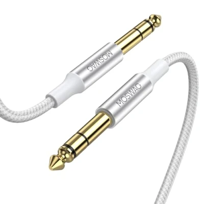 Image of MOSWAG 6.35mm (1/4) TRS to Stereo Audio Cable 15 Ft Male with Nylon Braided for Electric Guitar, Bass, Amplifier, Mixer, Keyboard, Speaker(White