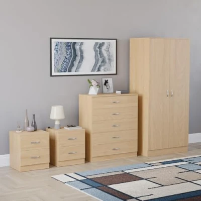 Image of Vida Designs Riano 4 Piece Bedroom Furniture Sets, 2 Door Wardrobe, 5 Drawer Chest &amp; Bedside Cabinets (Pine)