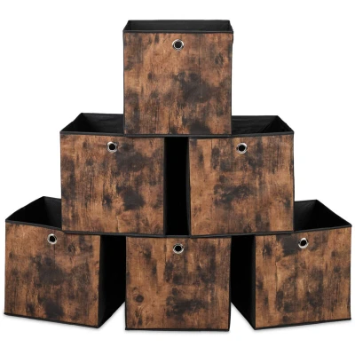 Image of Relaxdays Fabric Storage Cubes, Set of 6, HxWxD: 30x30x30 cm, Wood Effect, Foldable, Shelf Organiser Boxes, Black/Brown, Plastic, Cardboard, Steel