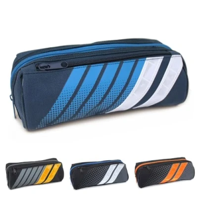 Image of Fashion Stationery Blue Pencil Case 2 Zip White Stripes Boys Girls Teenagers Children Kids Sporty Back to School Cases