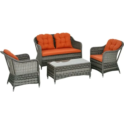 Image of Outsunny 4 Pieces Outdoor PE Rattan Garden Furniture with Cushions, Patio Special Hand Weave Wicker Conservatory Sofa Set Glass Top Coffee Table, Orange
