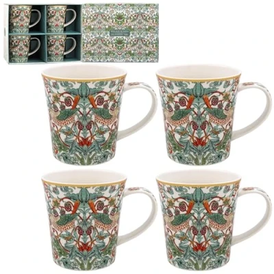 Image of Lesser &amp; Pavey William Morris White Strawberry Thief Lovely Floral Design Ceramic Mug Set of 2 or 4 Matching Mugs with Gift Box (4)