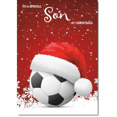 Image of doodlecards Son Christmas Card Santa Hat Football with Red Sky Medium Size for Plain Envelope