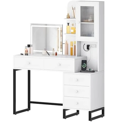 Image of YITAHOME Dressing Table,Makeup Vanity Table with Side Cabinet,More Storage Space,Makeup Desk Adjustable Brightness LED Light &amp; Power Outlet,White
