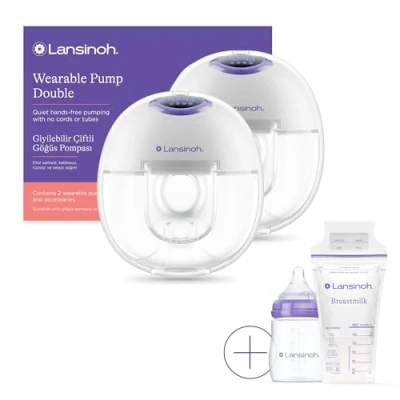 Image of Lansinoh Wearable Electric Breast Pump Bundle 4 Pumping Modes, 9 Suction Levels Hands Free Portable &amp; Quiet LED Display Includes 25 Milk Storage Bags + Feeding Bottle