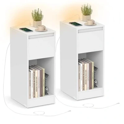 Image of VASAGLE Slim Bedside Table with Charging Station and LED Light, Narrow Side End Table, USB Ports, Drawer Open Compartment, for Bedroom, Living Room, Cloud White LET610W01