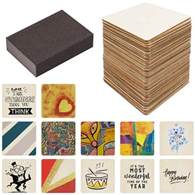 Image of Belle Vous Square Blank Plywood Sheets (50 Pack) 10cm/4 Inches DIY Pyrography Wood for Wooden Coasters &amp; Crafts Board/Plank Set with Sanding Sponge