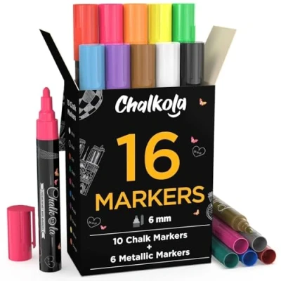 Image of Chalkola Liquid Chalk Markers for Blackboard &amp; Glass Metallic (Pack of 16, 6mm Tip Pens) Washable Wet Erase Window, Bistro, Mirror, Car Chalkboard Erasable