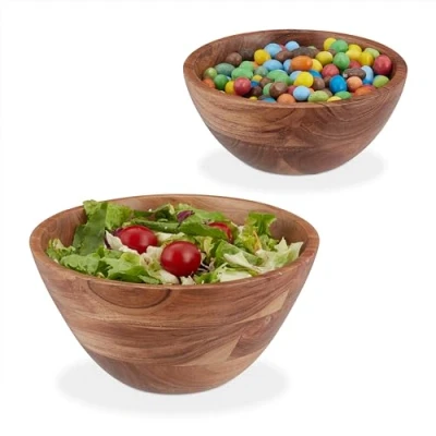 Image of Relaxdays Salad, Set of 2, Acacia Wood, Ø 19 &amp; 25 cm, Round Serving Bowls, Snacks, Fruit, Kitchen, Decor, Brown, 12 x cm