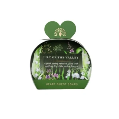 Image of the English Soap Company Packed Guest Soaps, Sandalwood Shea Butter Heart Shaped Moisturising Soaps for Face and Body, Lily of Valley Scent 3 x 20g