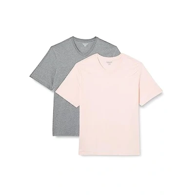 Image of Amazon Essentials Men&#039;s Regular Fit Short Sleeved V Neck T Shirt (Available in Big and Tall), Pack of 2, Grey Heather/Pale Pink, XL