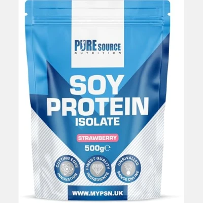 Image of Pure Source Nutrition Soy Protein Isolate Powder (90% Protein) Strawberry SOYA Vegan for Superfood Supergreens Dairy Free Plant Based (500g, Strawberry)